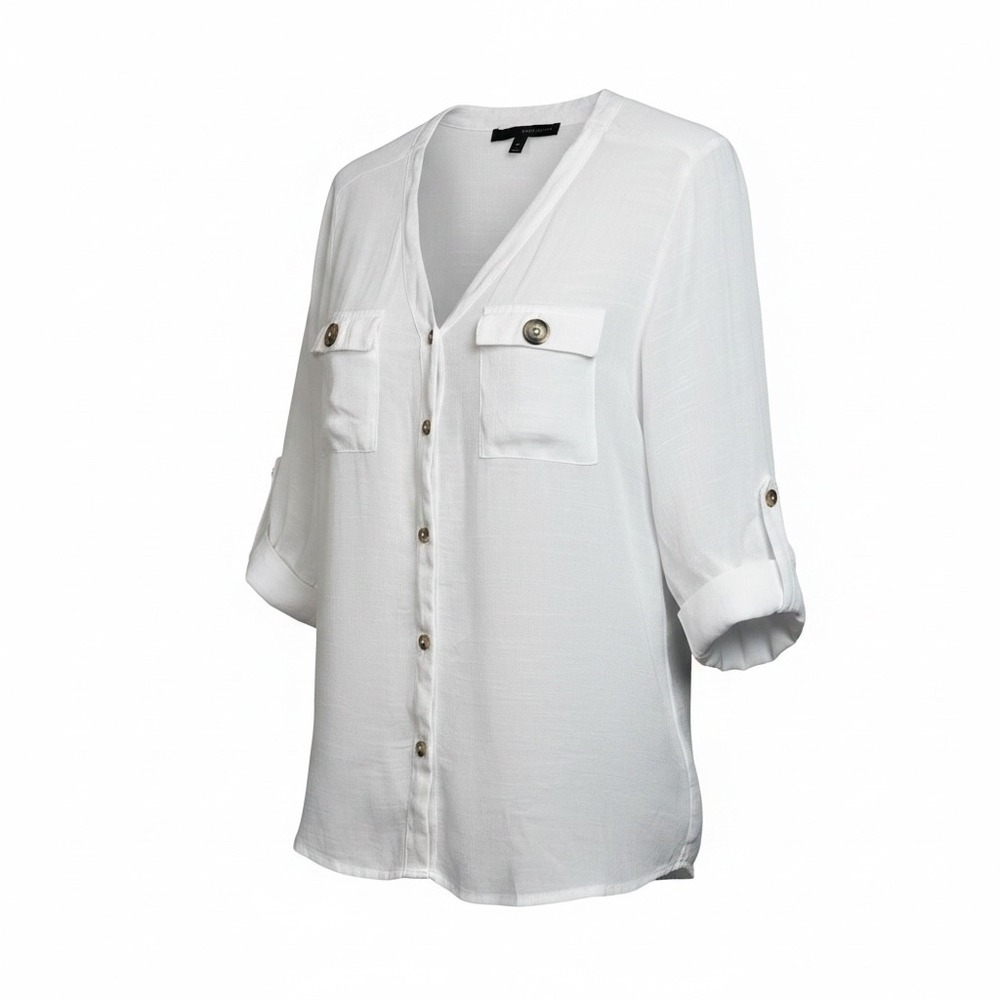 Harve Benard  White Roll Tab Sleeve Button‎ Down Blouse Coastal Beach Travel  M
